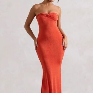 Orange Ruched Strapless Bodycon Dress
